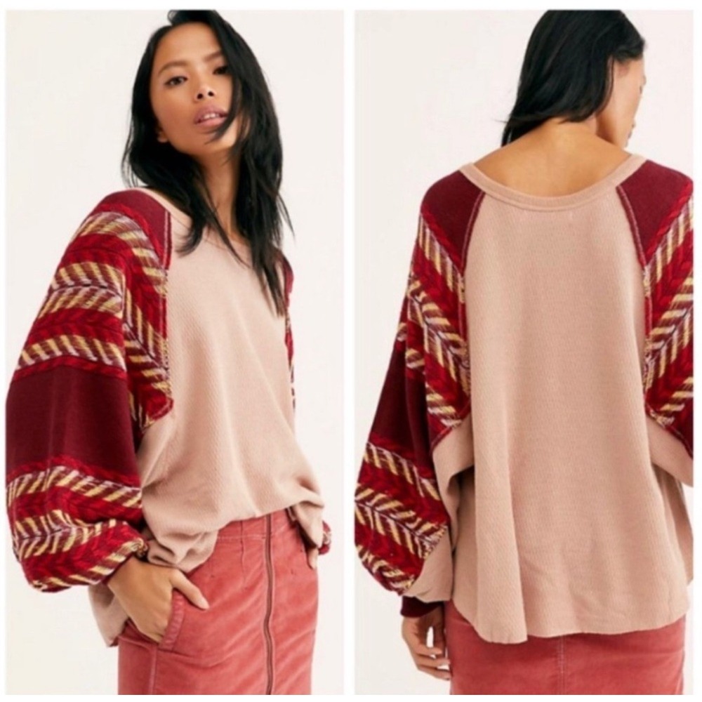 We The Free Free People Rainbow Dreams Thermal Top XS Pink Burgundy Boho Shirt